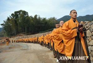 3月25日，上百位僧人敲着木鱼、诵着经文前往茶园。